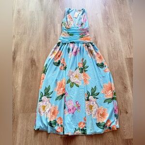 hutch jadey blue floral print shirred v-neck maxi gown dress size small NEW
